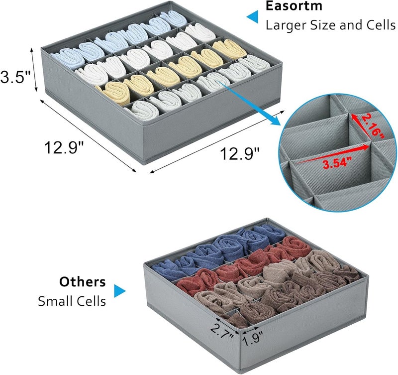 Easortm Sock Organizer 4 Pack, 24 Cell Underwear Organizer Foldable Underwear Storage, Sock and Underwear Drawer Organizer for Socks Ties Underwear Belts. (Grey) - Image 1